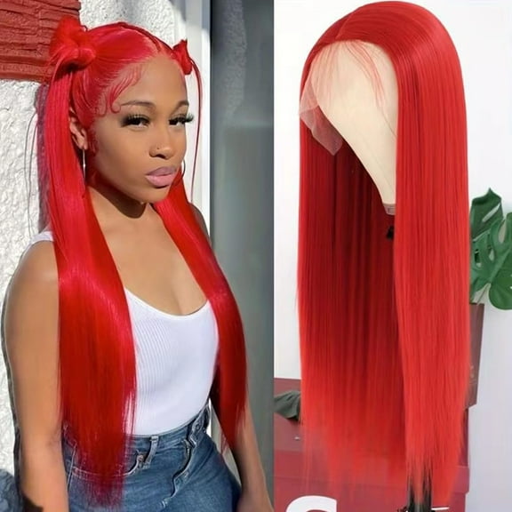 Red Synthetic Lace Front Wigs with Baby Hair, 13 * 3.5 Glueless HD Lace Wigs Natural Hairline Pre-Plucked,Long Straight Wigs for Black Women 24 Inch red