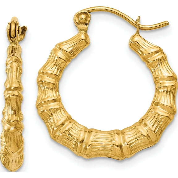 14K Yellow Gold Polished Bamboo Design Hollow Hoop Earrings (13 X 3) Made In Indonesia s825