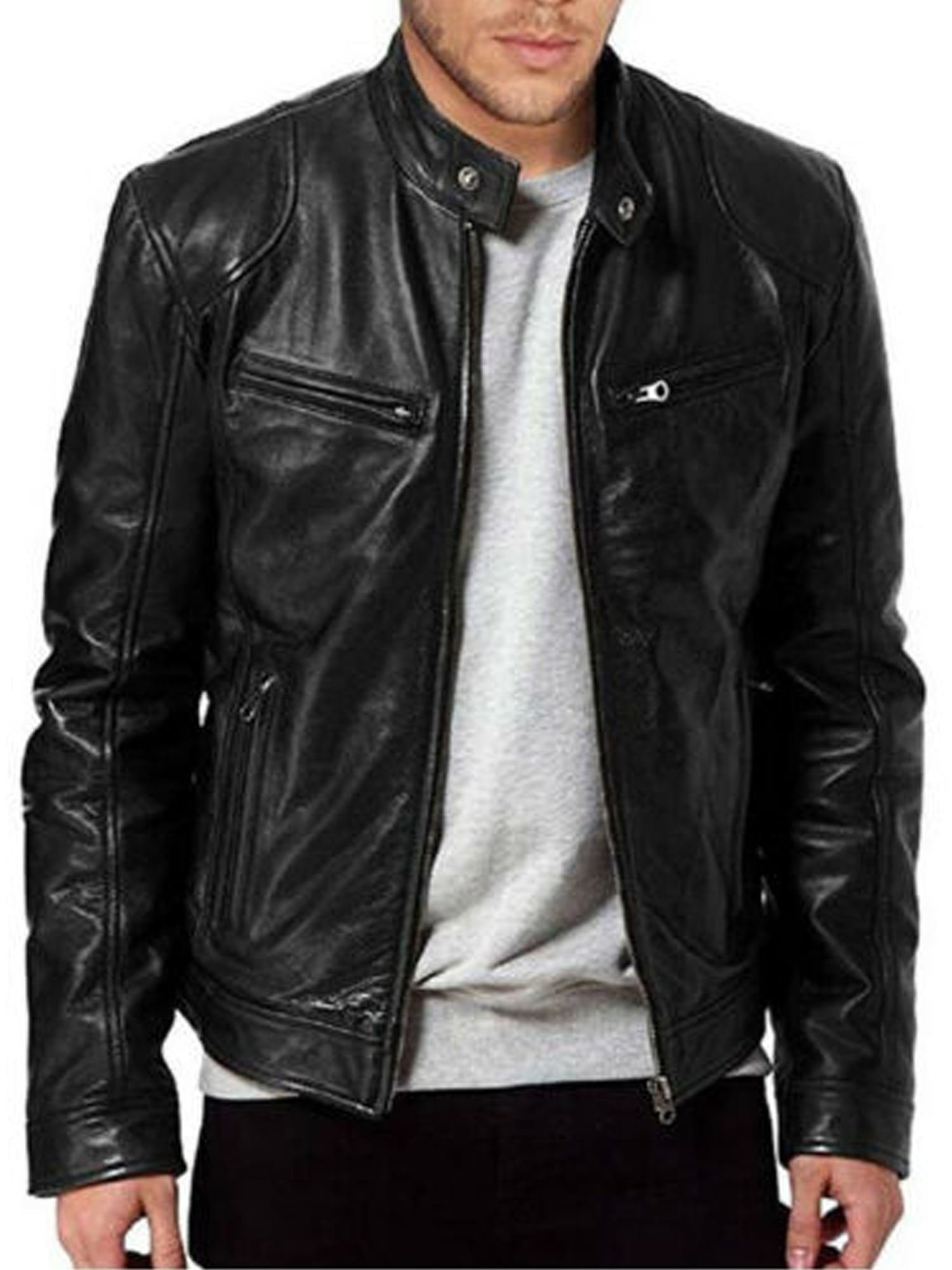 Men's Leather Biker Motorcycle Jacket Stand Collar Pu Jacket Outwear Coat