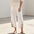 thumbnail image 5 of Utoimkio Women's Cropped Pants Linen Elastic Waist Floral Embroidery Capri Trousers with Side Pockets for Summer Beach Daily Walk, 5 of 9