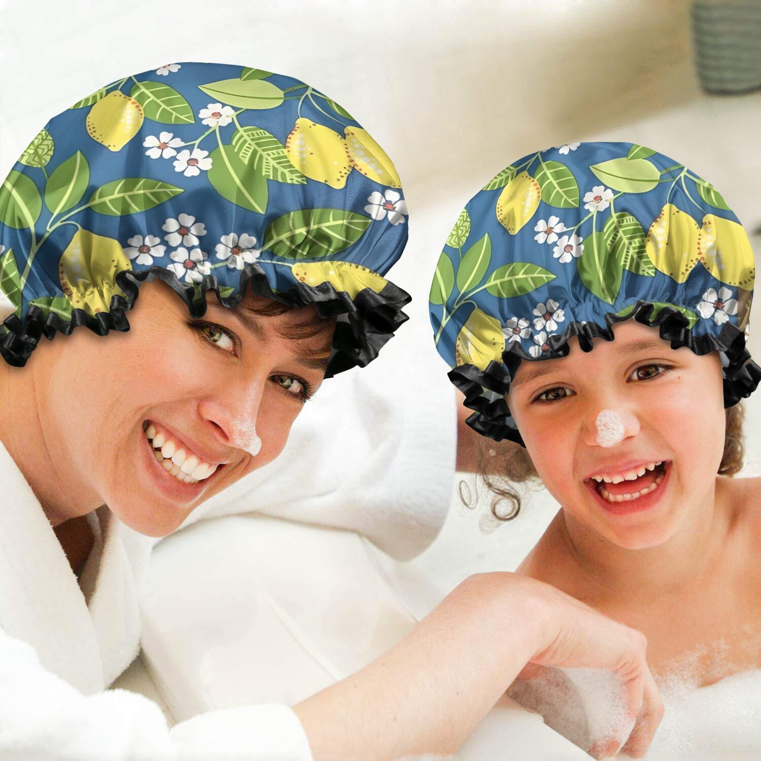 Shower Caps,Yellow Lemon Fruit Flowers Blue Pattern Waterproof Shower Cap for Women 4 Pieces,Double Reusable Hair Cover for Shower PEVA Elastic Stretch Hem