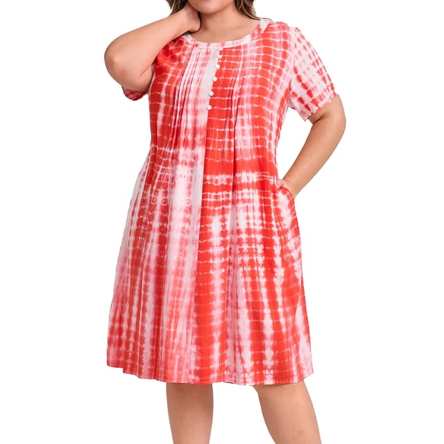 GRACE & GRANDEUR Vestido de Talla Grande para Mujer con Pliegues en Forma de Diente, Decoración de Botones, Estampado de Tie Dye, Cuello Redondo, Manga Corta, Vestidos Casual con Bolsillos 2X Naranja