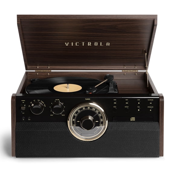 Victrola 7-in-1 Wood Bluetooth Mid Century Record Player with 3-Speed Turntable, CD, Cassette Player and Radio