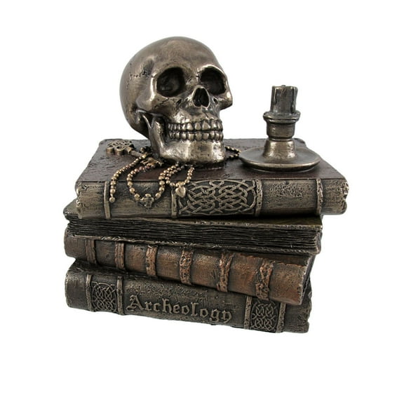 Veronese Design Bronze Wizard`s Study Books and Skull Trinket Stash Box
