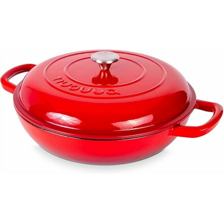 Shallow Cast Iron Casserole with Lid – Non Stick Dutch Oven Pot, Oven Safe up to 500 ° F – Sturdy Ovenproof Stockpot Cookware – Enamelled Cooking Pot – Red, 5-Quart, 32cm – by Nuovva