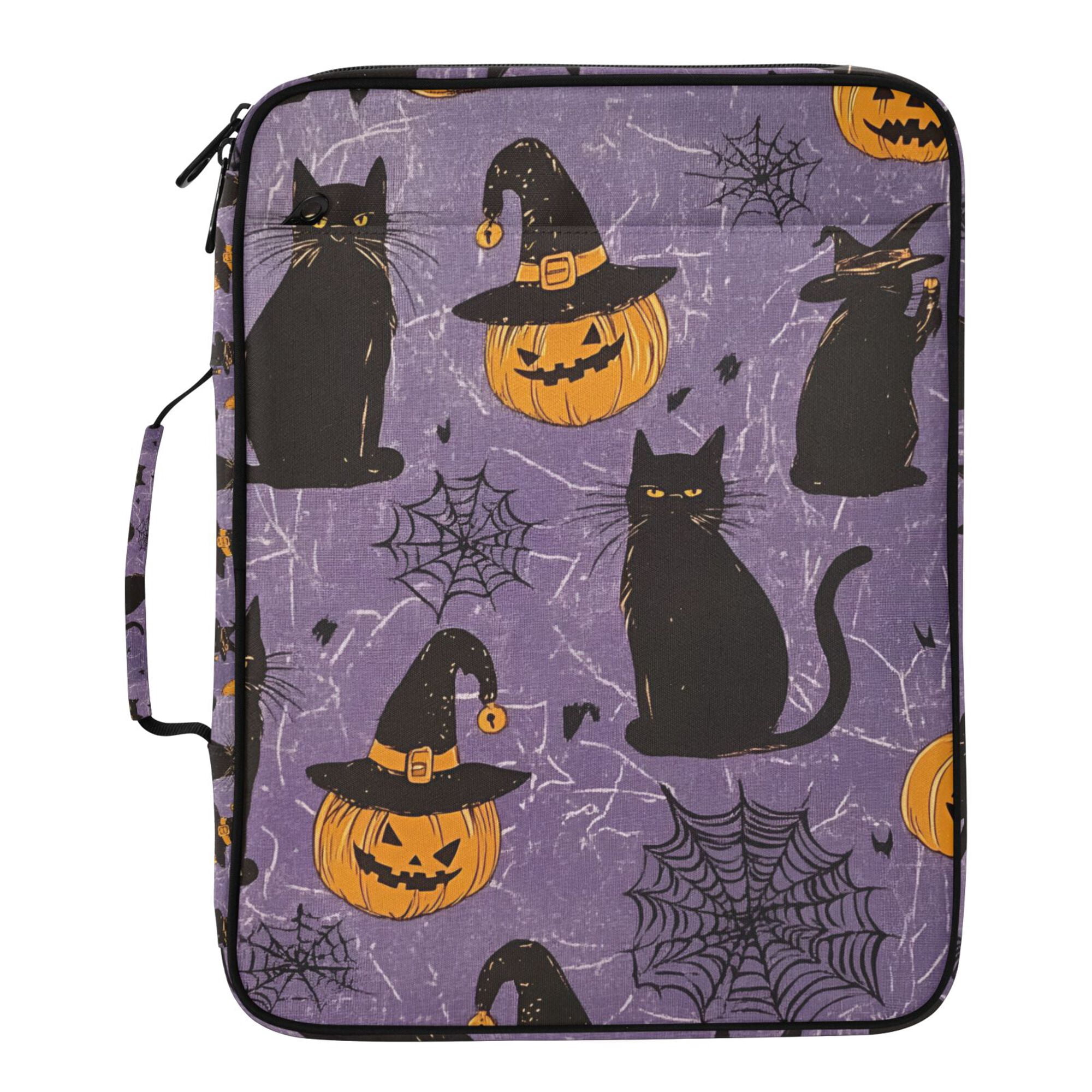 FORMRS Accordion File Folder A4 Size 7-Pocket Expanding Document Organizer Bag with 3 Ring Binder, Purple Halloween Black Cat