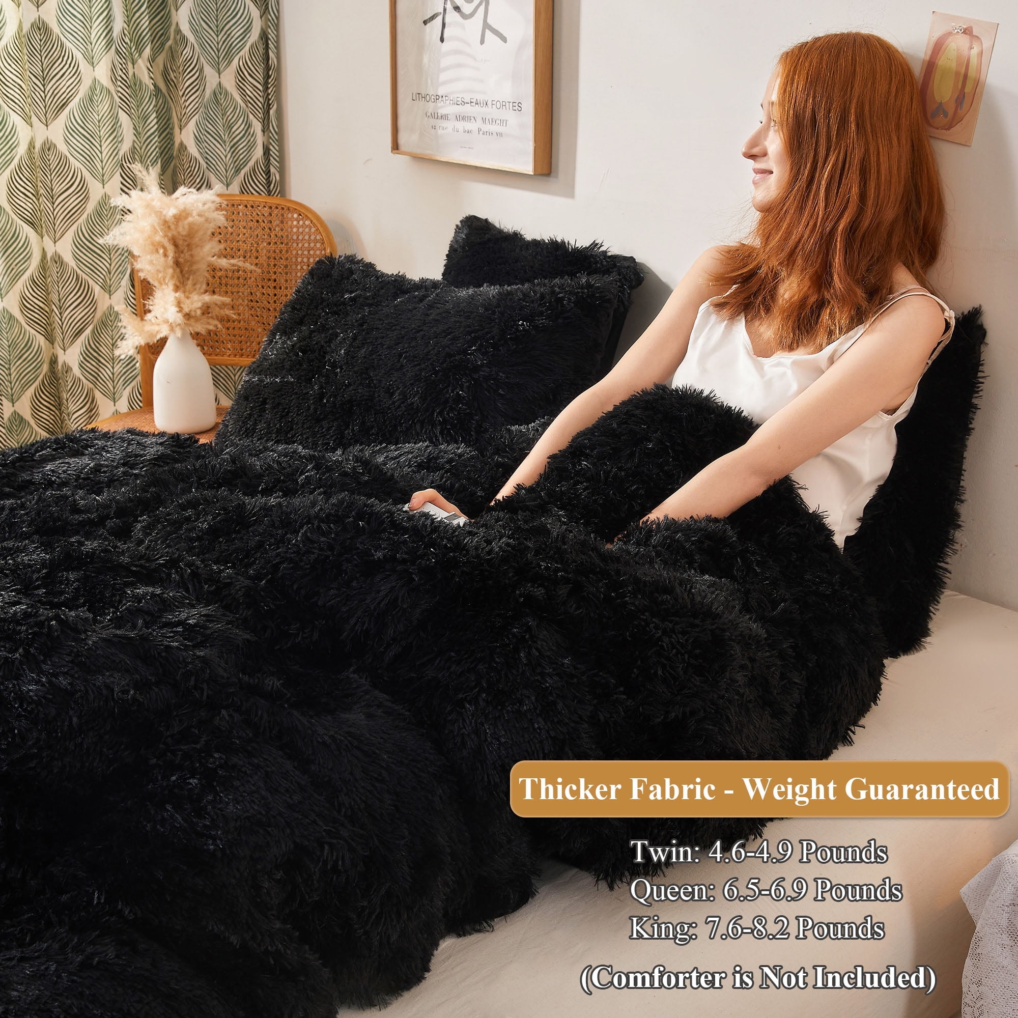 XeGe 3 Pieces Furry Plush Duvet Cover Set, Black Faux Fur Comforter Cover Set, Luxury Soft Velvet Fuzzy Fluffy Bedding Set, Shaggy Duvet Cover with 2 Pillow Covers, Zipper Closure, Queen Size, Black