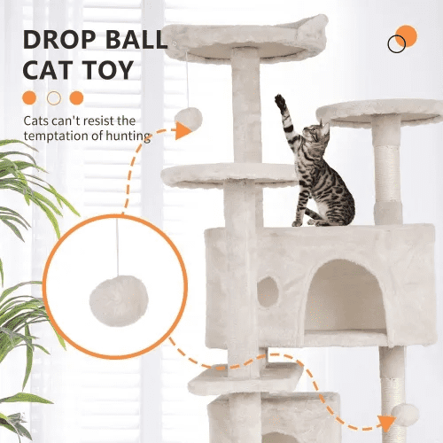 BORGEBY 54in Cat Tree Tower for Indoor Cats，Multi-Level Pet Furniture with Sisal Scratching Post, Large Cozy Condo, Climbing Ramp, Kitten Toy（Beige）