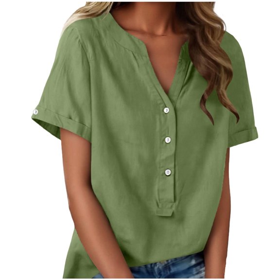 Yuanlook Women's Linen Shirts Button Down Short Sleeve Blouses V Neck Collared Summer Casual Loose Tops for Women S-2XL
