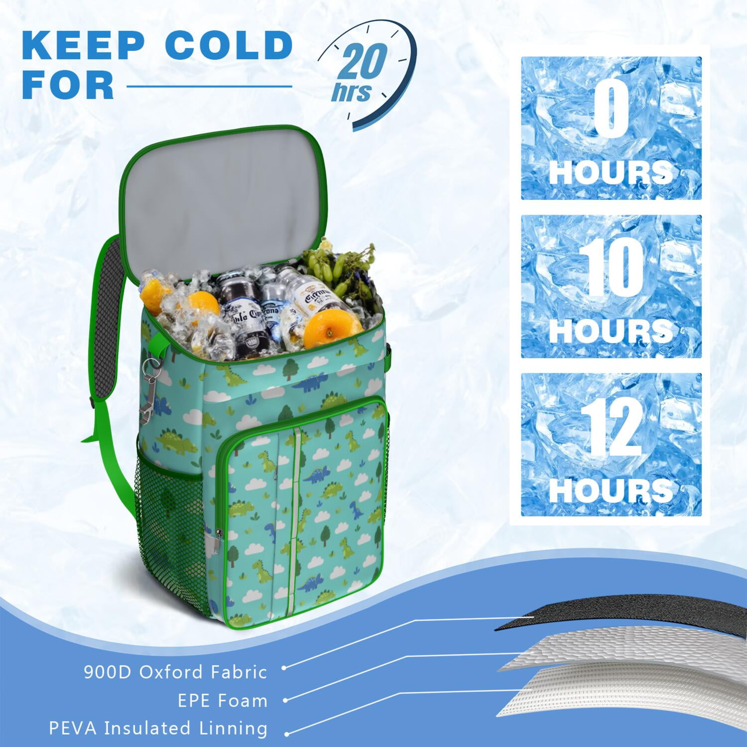 Travel Cooler Bag - LightBlue Cartoon Dinosaurs Trees Clouds Pattern Camping Beer Cooler Backpack with Bottle Opener- Waterproof Insulated Picnic Backpacks - Cooler Bag for Beach