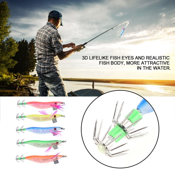Kit de 5 Señuelos Luminosos para Pesca de Calamar en Agua Salada, Señuelos Luminosos para Camarones, Langostinos y Sepias.