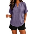 thumbnail image 3 of Oversized Tshirts for Women Casual Linen Cotton V Neck Short Sleeve Tops Loose Comfy Purple Summer Tops for Women, 3 of 9