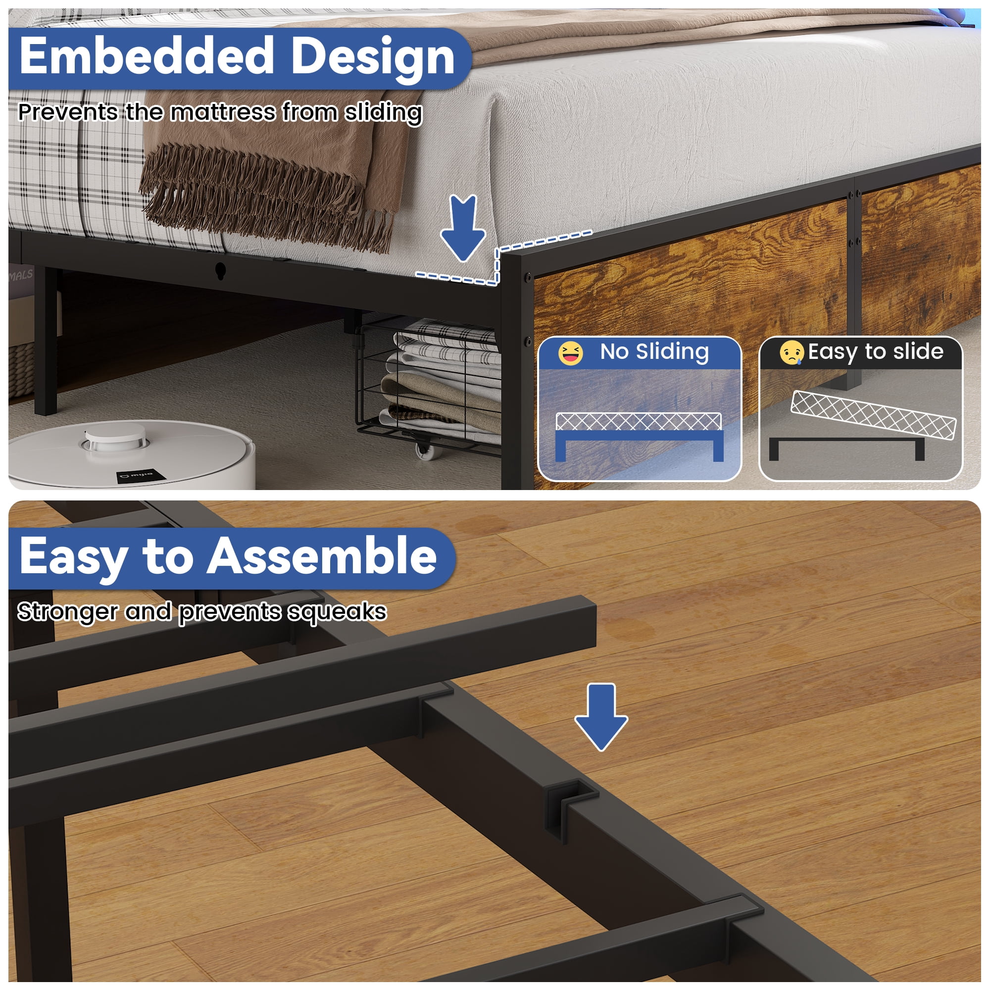 Miniyam King Size Bed Frame with Storage, 2-in-1 Convertible Twin Beds, LED & Charging Station, Brown
