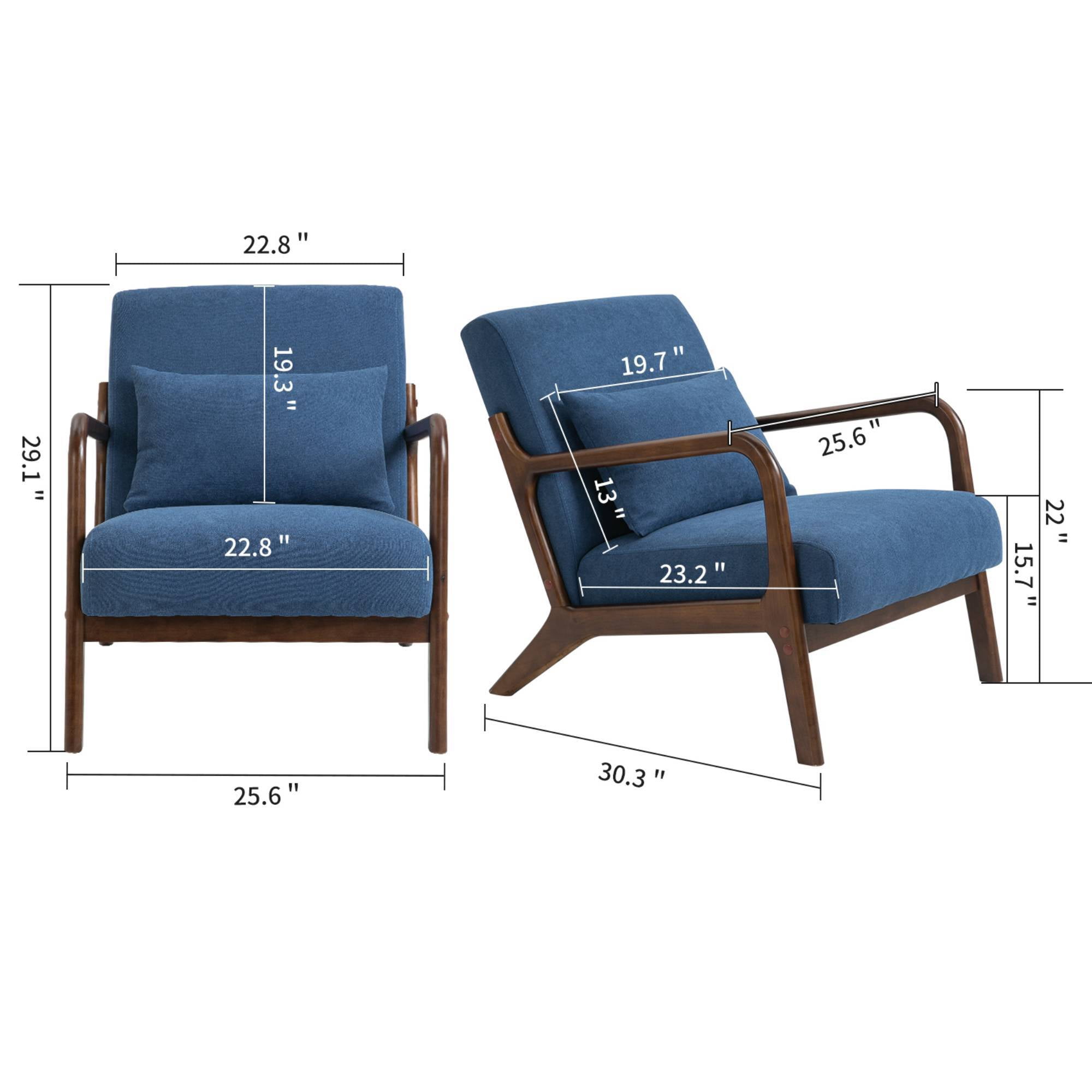 Mid-Century Modern Accent Chair with Pillow Velvet Lounge Arm Chair Comfy Reading Chair with Solid Wood Frame for Living Room, Bedroom, Blue