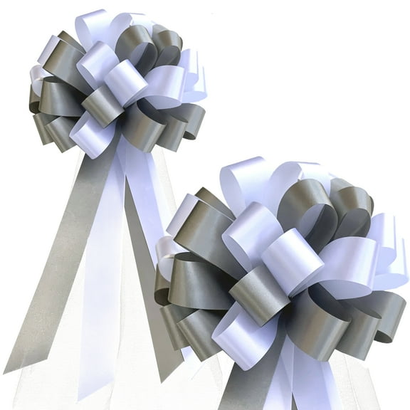 White and Silver Pull Bows with Tulle Tails - 8" Wide, Set of 6, Wedding Pew Bows, Aisle Decoration. Reception, Anniversary