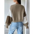 thumbnail image 3 of Women'S Color Block Open Front Long Sleeve Ribbed Knit Cropped Cardigan Sweaters Brown XXXL, 3 of 8