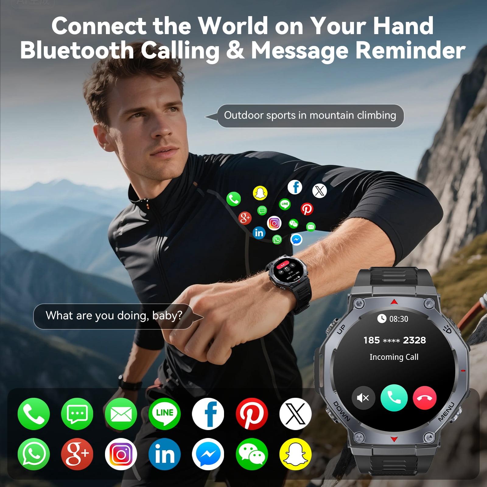 Haulvean Military Smart Watch for Men, 1.43-inch AMOLED Outdoor Sports Fitness Tracker Watch, with IP68 Waterproof/Answer/Make Calls/100+ Sports Modes, fits for Android and Iphone Devices (Black)
