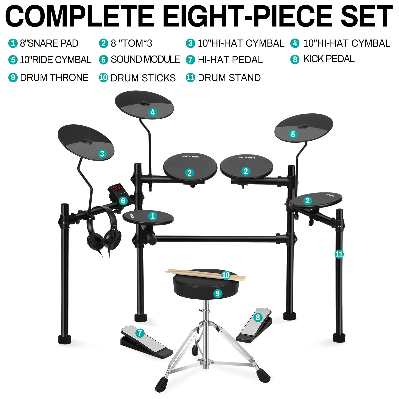 AODSK Electric Drum Set for Beginners with 4 Quiet Pads – 200+ Sounds, 2 Switch Pedals, Foldable Frame, Includes Throne, Sticks & Headphones