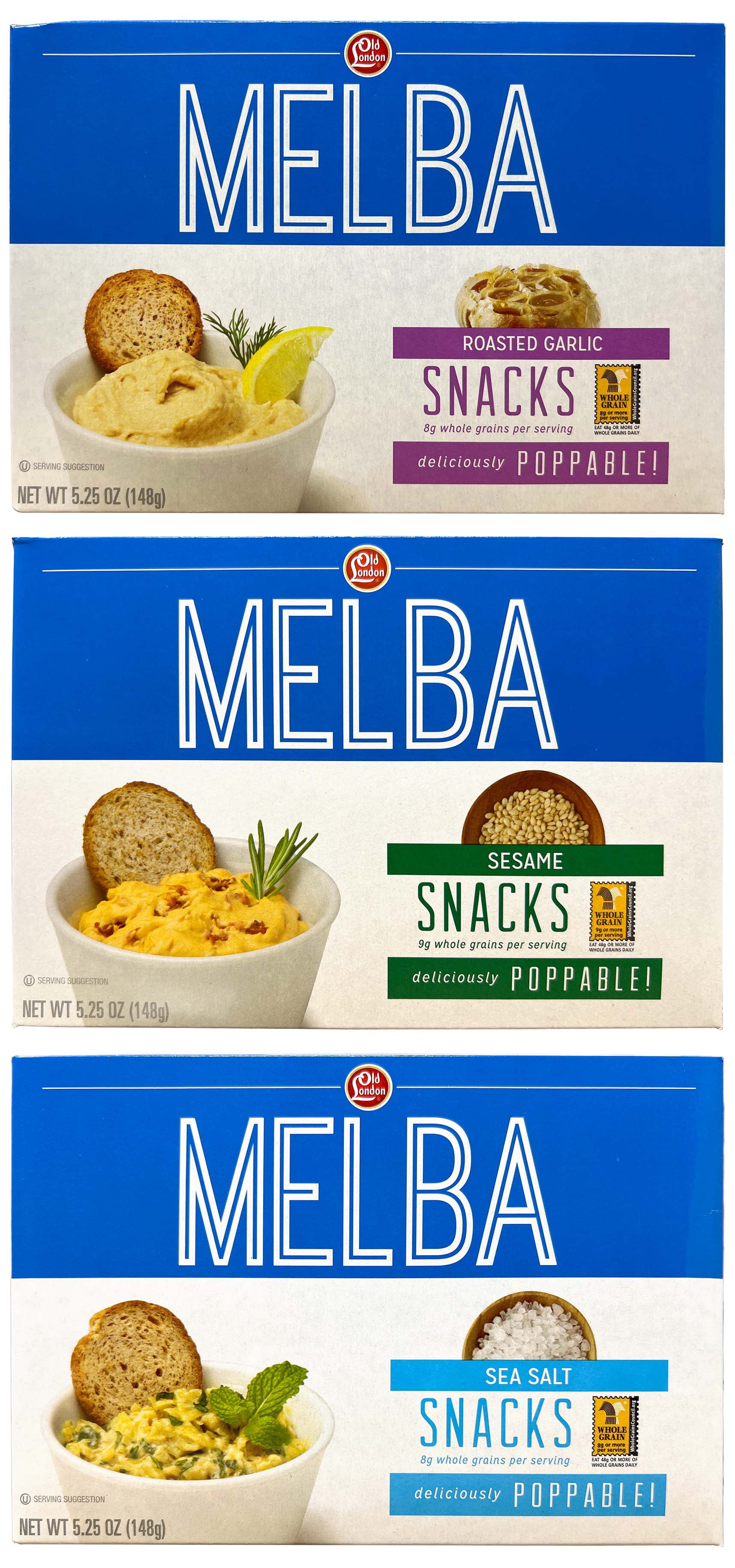 Old London Melba Snack Dipping Crackers 3 Flavor 1 each: Roasted Garlic, Sesame, Sea Salt (5.25 Ounces) + MerlinsMart Zine