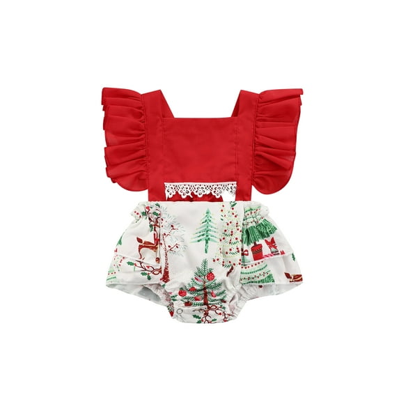 Seyurigaoka Baby Girl’s Christmas Print Stitching Adjustable Fly Sleeve Romper