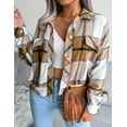 thumbnail image 3 of SEARIPE Women's Casual Plaid Fleece Crop Shirt Jacket Shacket Long Sleeve Button Lapel Jacket Coat with Pockets Khaki S, 3 of 5