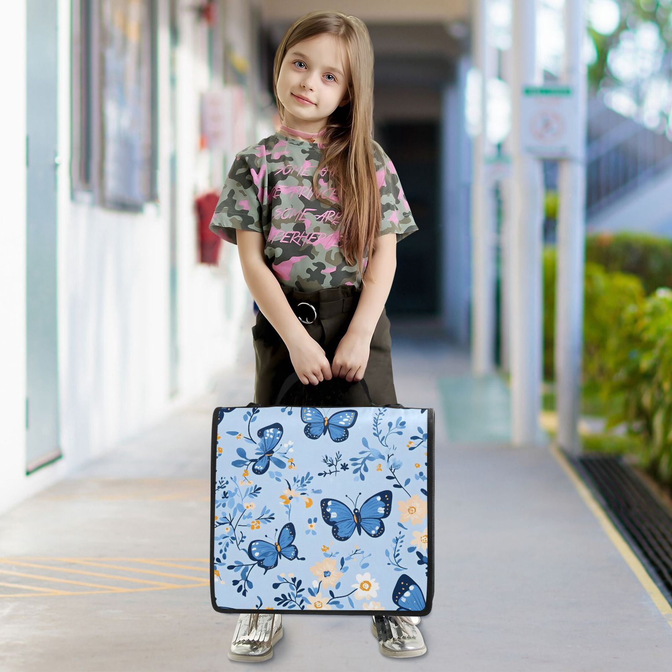 3 Ring Zipper Binder with Shoulder Strap Waterproof Trapper Keeper 2 Inch D-Ring 500 Sheets Capacity Blue Butterflies and Flowers