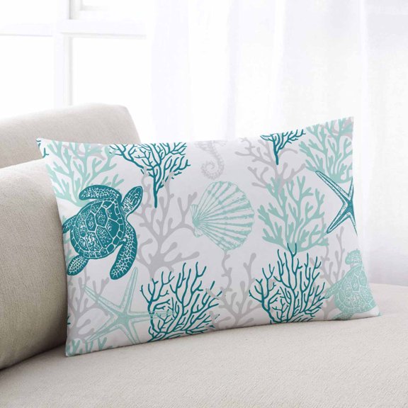 Turquoise Coastal Standard Pillow Covers,Sea Turtle Nautical Coral Summer Beach Breathable Throw Pillow Cases with Invisible Zipper,Decorative Pillowcase Pillows Protectors for Sofa Bed Chair 20"x26"