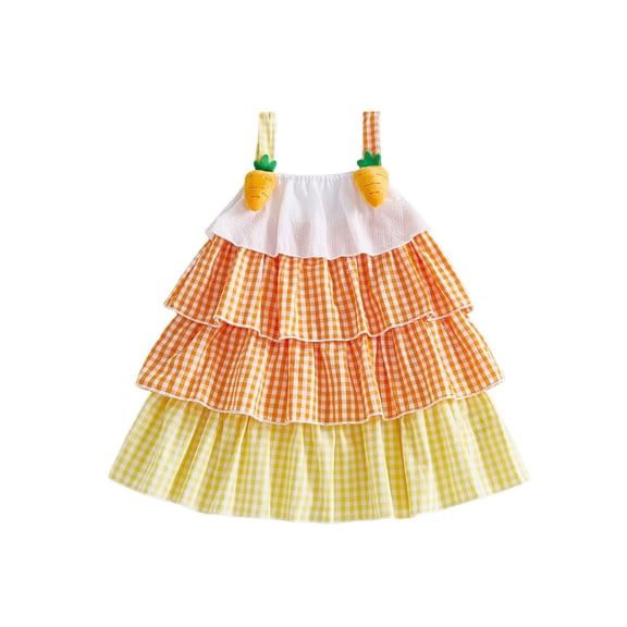 Spewahor Toddler Baby Girls Easter Summer Dress 6 12 18 24 Months 2T 3T 4T Carrot Decor Plaid Sleeveless Ruffles Cami Dress Kids Fashion Princess Dress