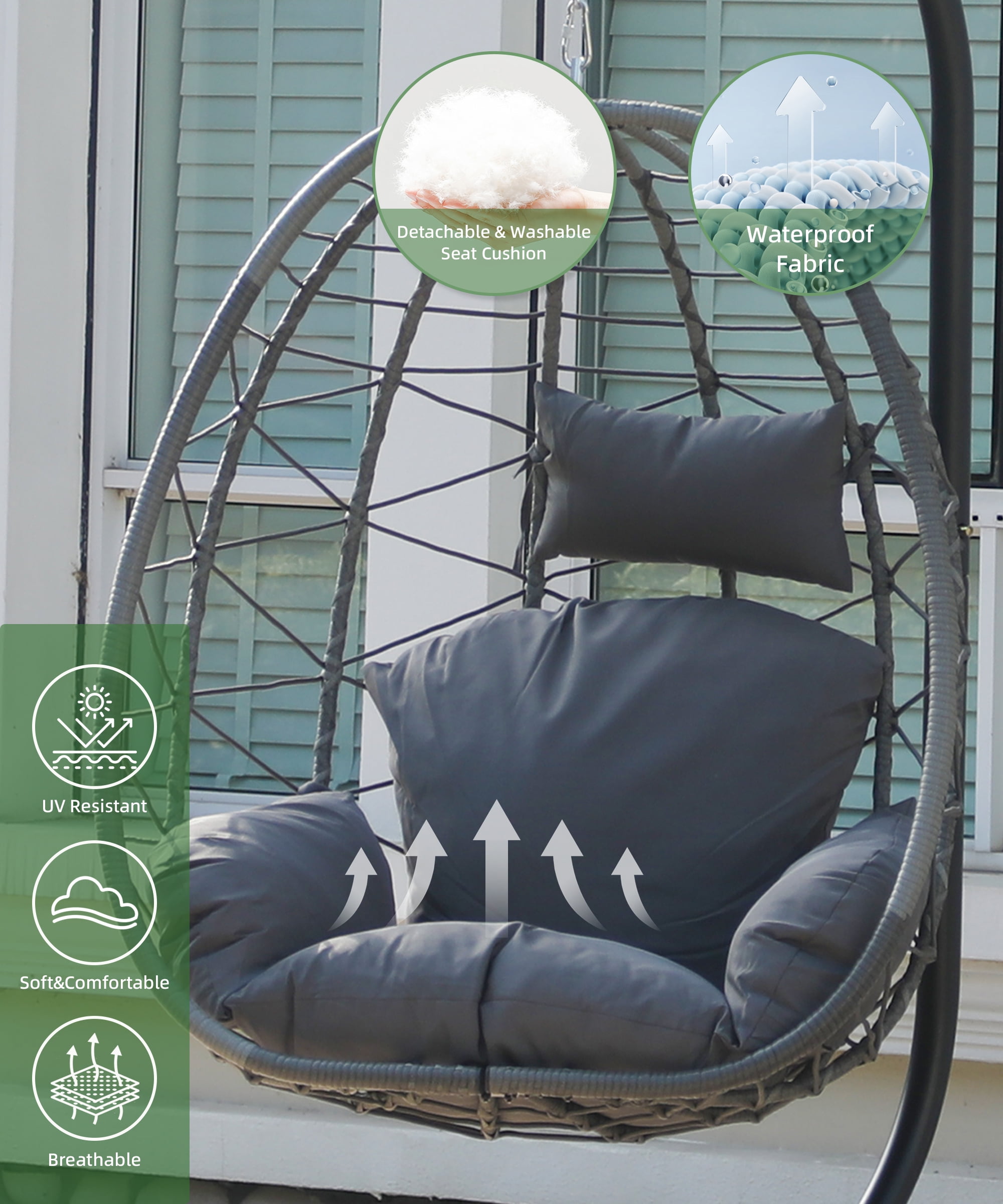 Bifanuo Swing chair clearance indoor Home Outdoor Egg Swing Chair, Patio Hanging Wicker basket stand with Soft Cushion UV Resistant 350LBS Capacity for Patio Backyard