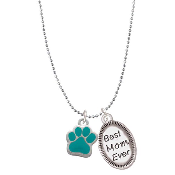 Delight Jewelry Silvertone Small Teal Paw Best Mom Ever Charm Necklace