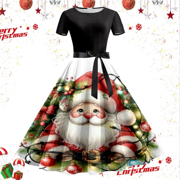 Vestidos de Mujer Vestido de Fiesta de Noche de Manga Corta Con Estampado Navideño de Los Años 50