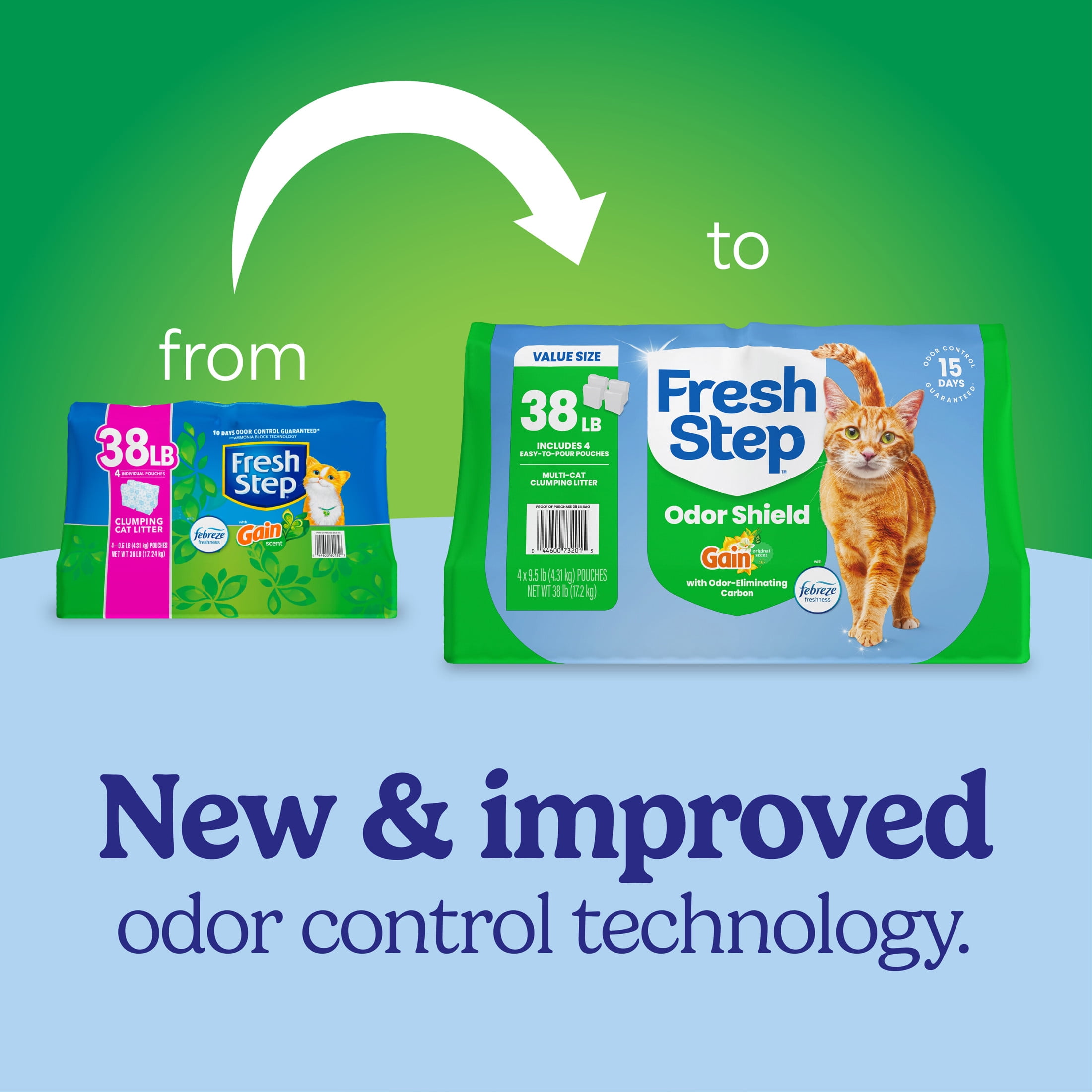 Fresh Step Odor Shield Multi Cat Clumping Litter, Gain Original, 38 lb Total, Easy Pour Pouches (4 Pack)