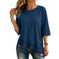 thumbnail image 7 of Lmueinov 3/4 Length Sleeve Womens Tops Crew Neck Lace Scalloped Hem Casual Shirts Solid Loose Fit Blouses Summer Fall Vacation Outfits, 7 of 7