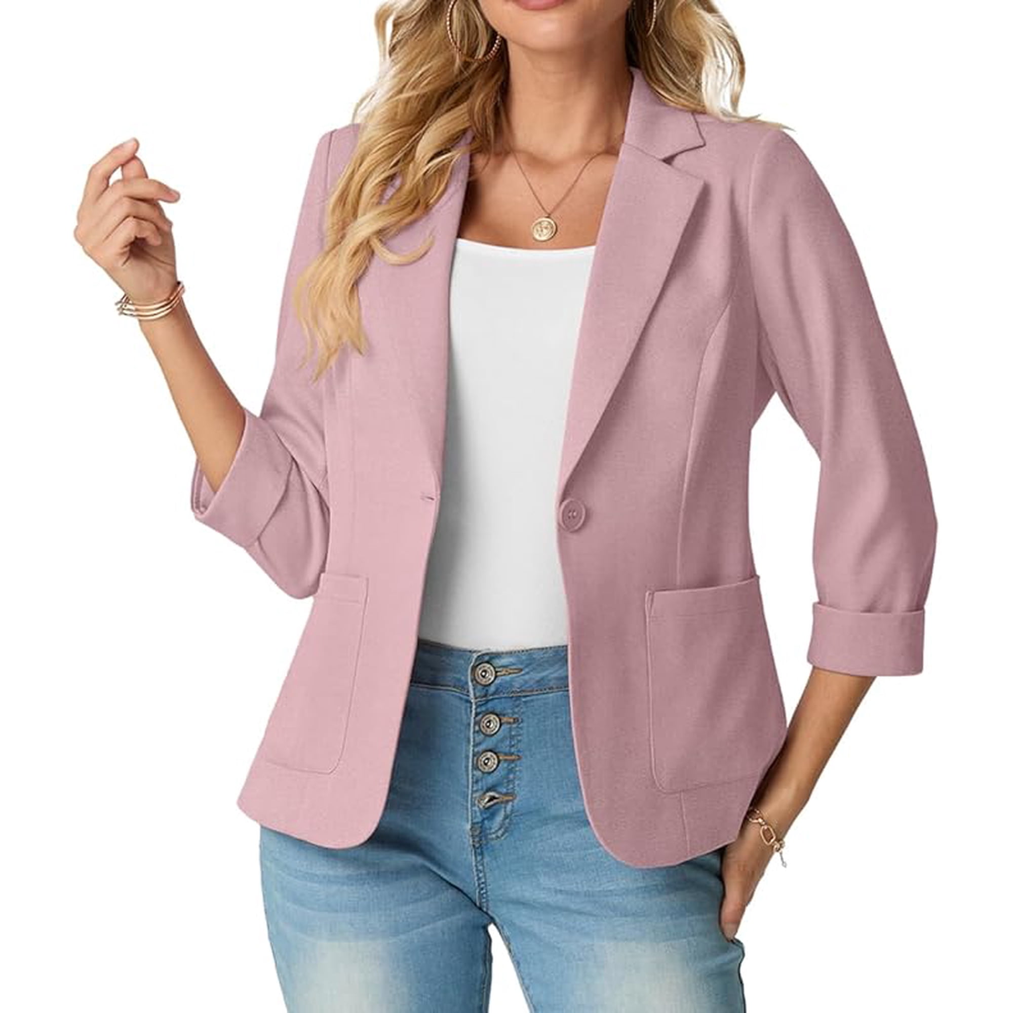 JWD Women's Slim Fit 3/4 Sleeve Notched Lapel Blazer - One Button Business Office Jacket with Pockets Pink 12