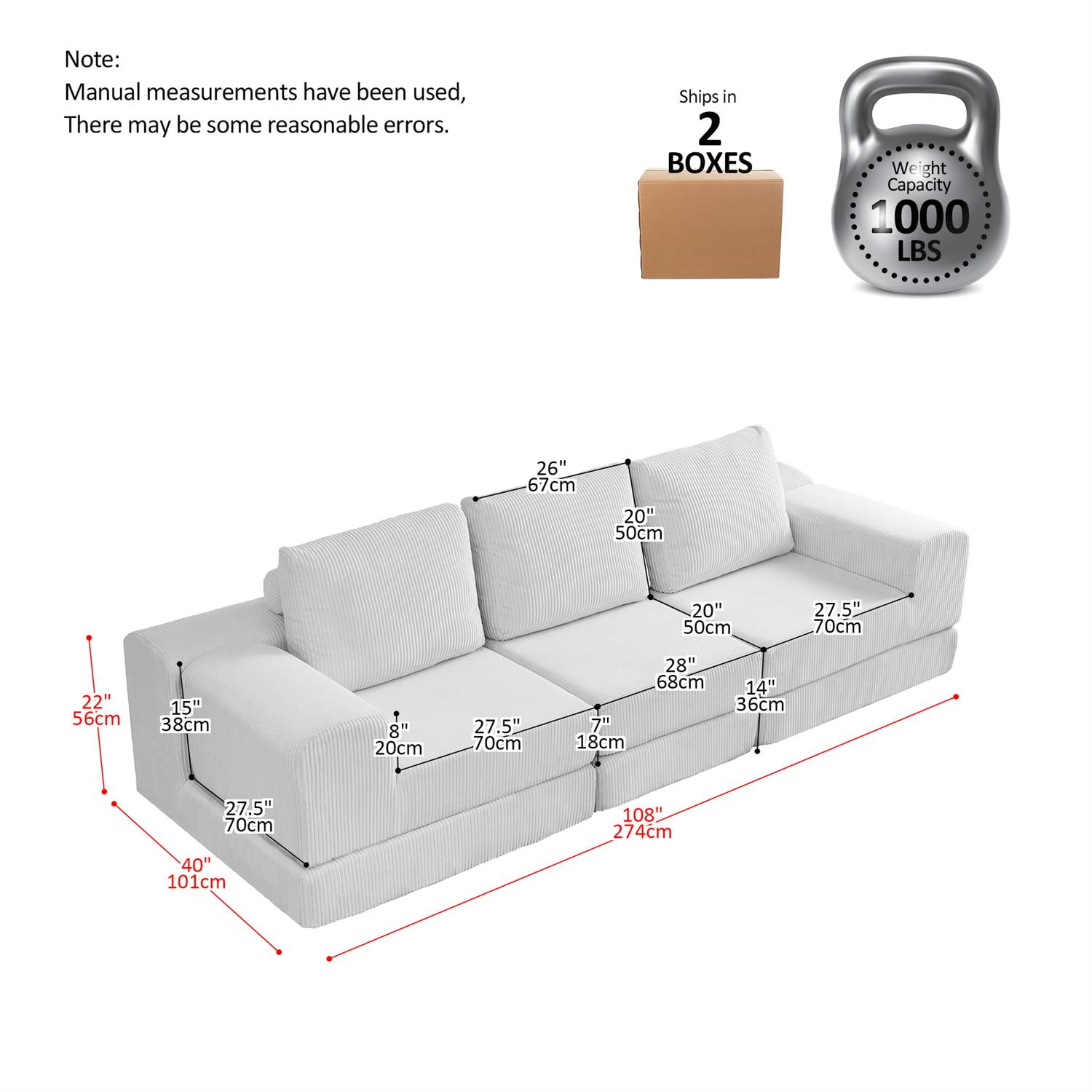 Demi Bonn108" Modular Cloud Sectional Sofa, 3-Seater Corduroy Convertible Sofa Bed, Comfortable Modern Lounge Couch for Living Room Furniture, Gray