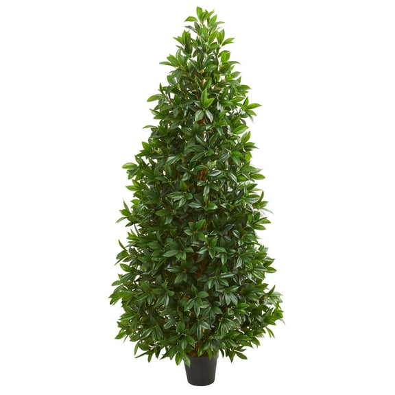 Indoor/Outdoor 60" Bay Leaf Cone Topiary Artificial Tree in Green/Black