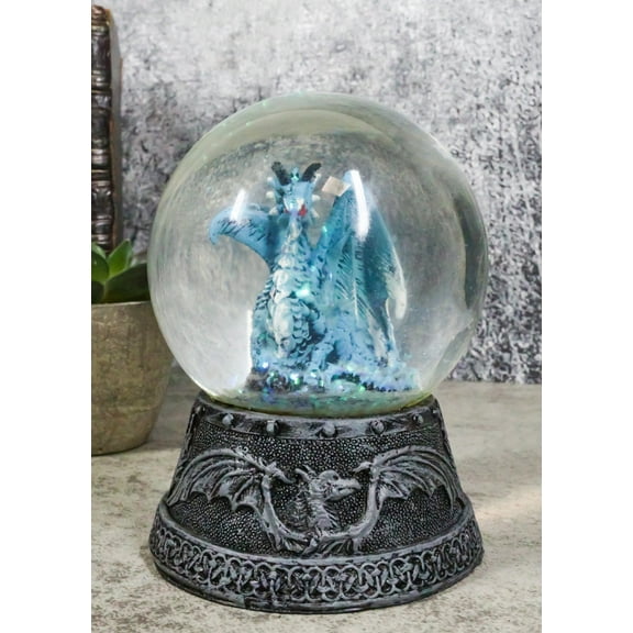 Mythical Quicksilver Blue Dragon Water Globe Figurine With Glitters 4.25"H