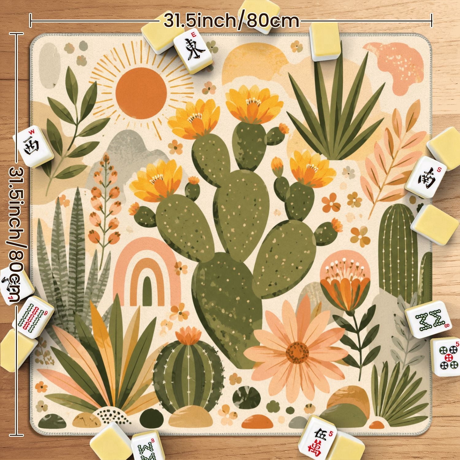 Mahjong Mat 31.5" x 31.5" Abstract Cactus Floral Earthy Orange Green Palette Non-Slip Noise Reduction American Mahjong Tiles Table Cover for Dominoes Poker Card Board Games Gift