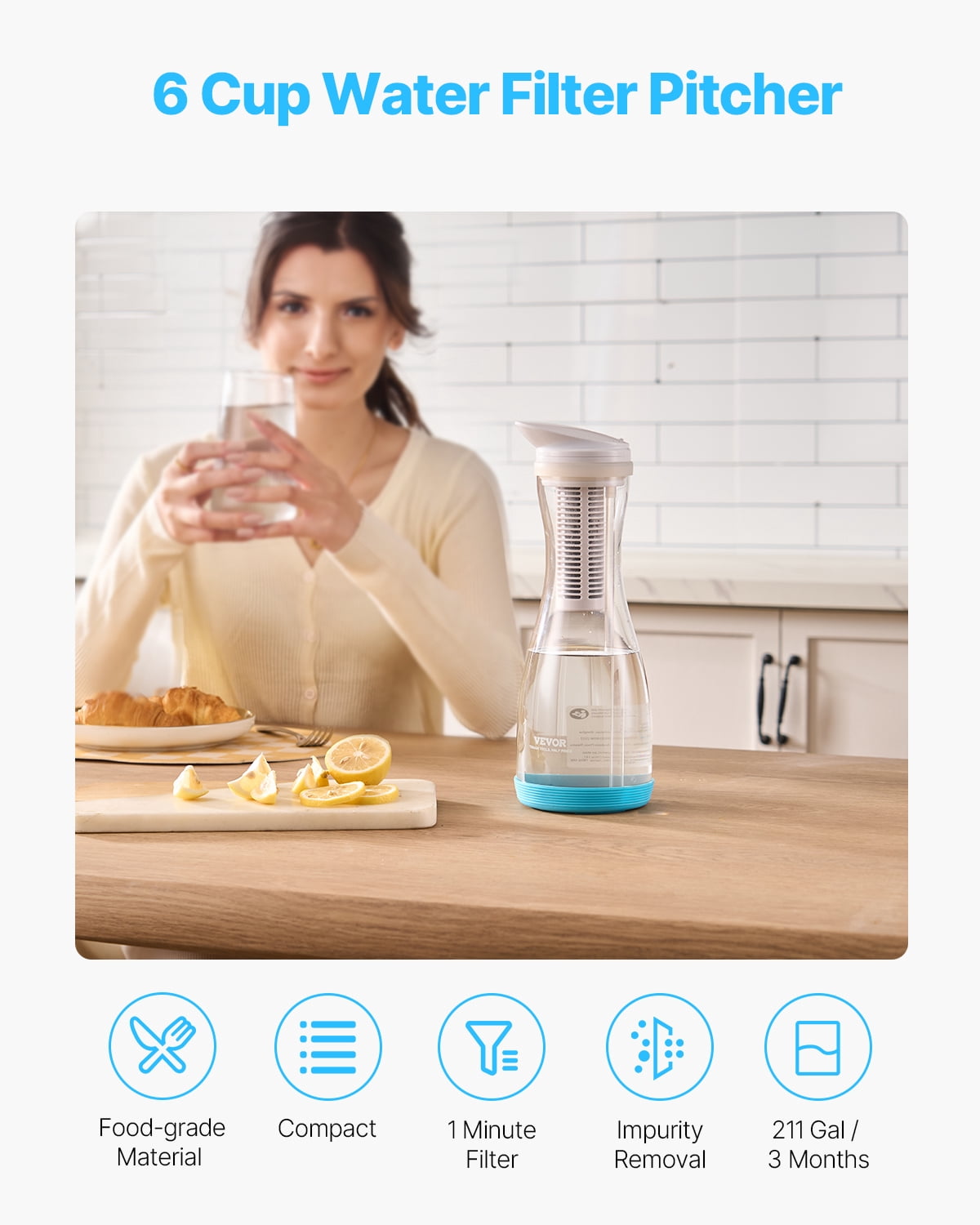 VEVOR Water Filter Pitcher, 6 Cup Glass Water Filter Dispenser, Fast & Compact Fridge-friendly Water Filtration System, No BPA, Lasts 3 Months or 211 Gallons, Reduces Chlorine, Rust,Odors,PFOA/PFOS
