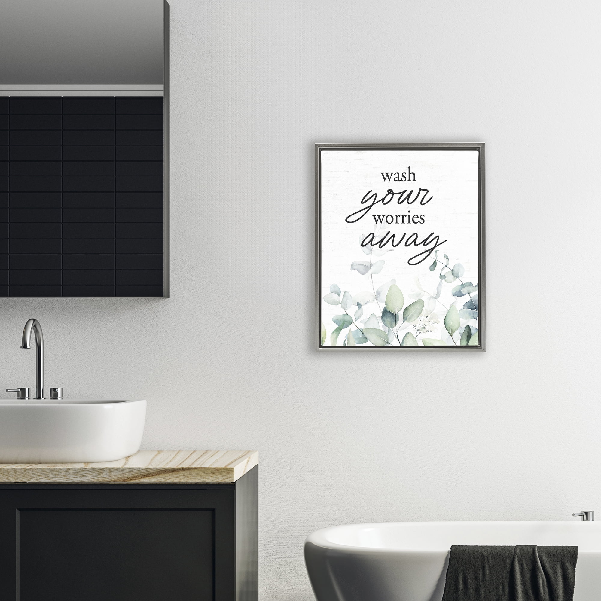 Wash Worries Away Herb Leaves Gray Framed Floater Canvas Wall Art, design by Lettered and Lined