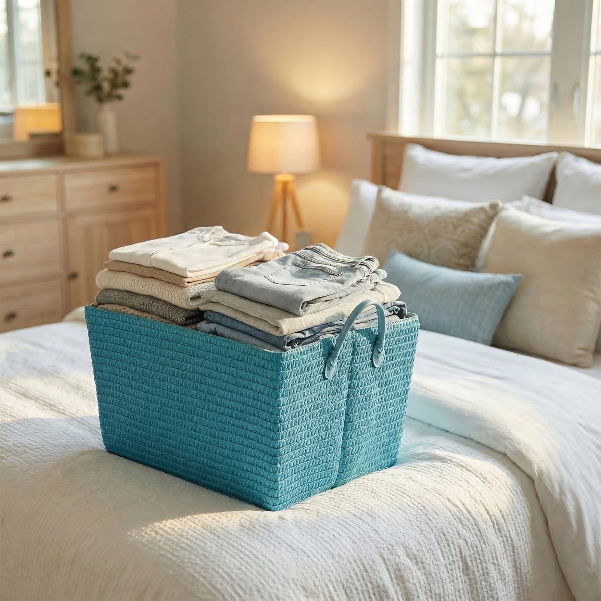 Unique Bargains Woven Storage Basket Shelf Closet Storage Bin Blue 17.7*13.8*9.8in