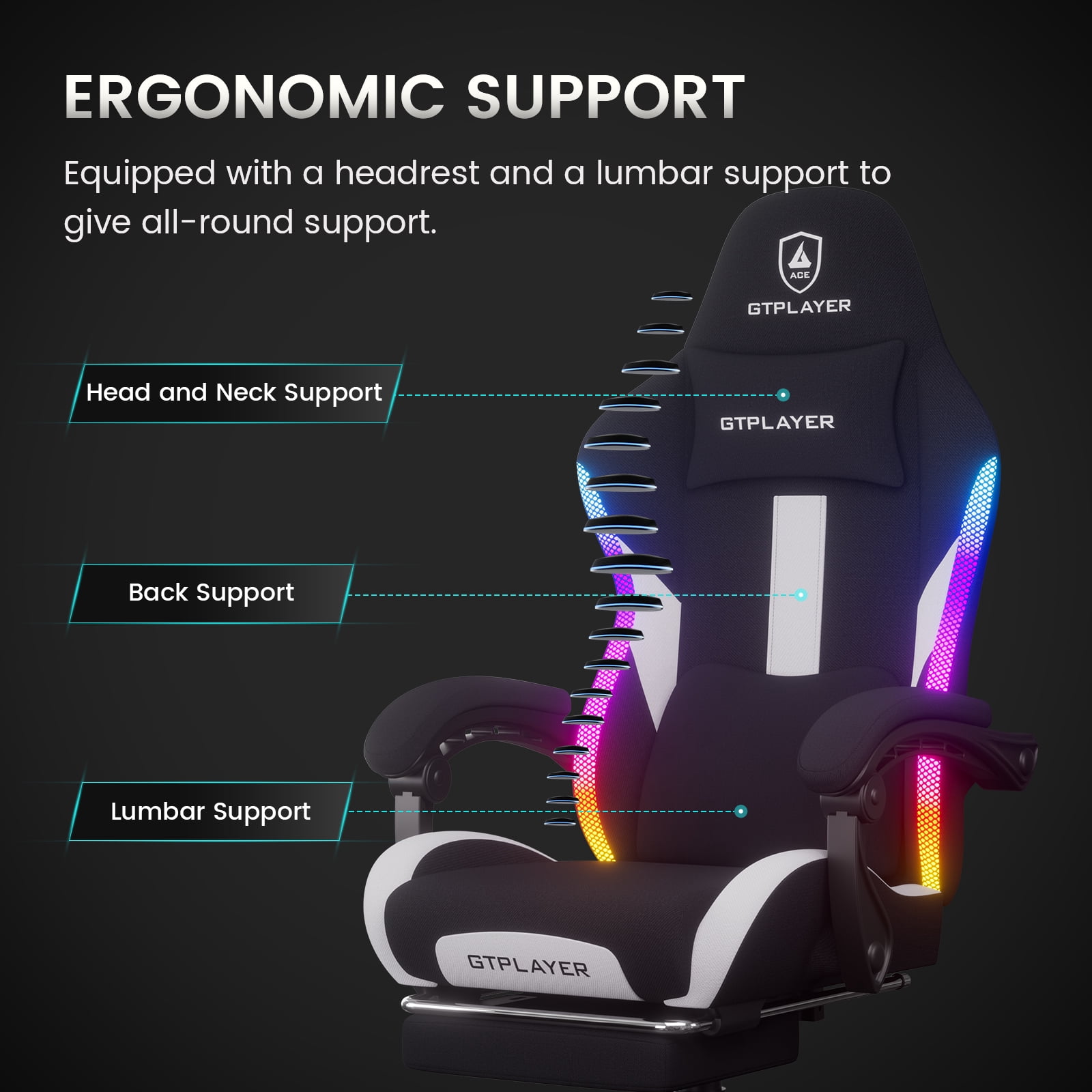 GTPLAYER RGB Gaming chair with footrest and Lumbar Support , Ergonomic LED Light Office Chair for Adults