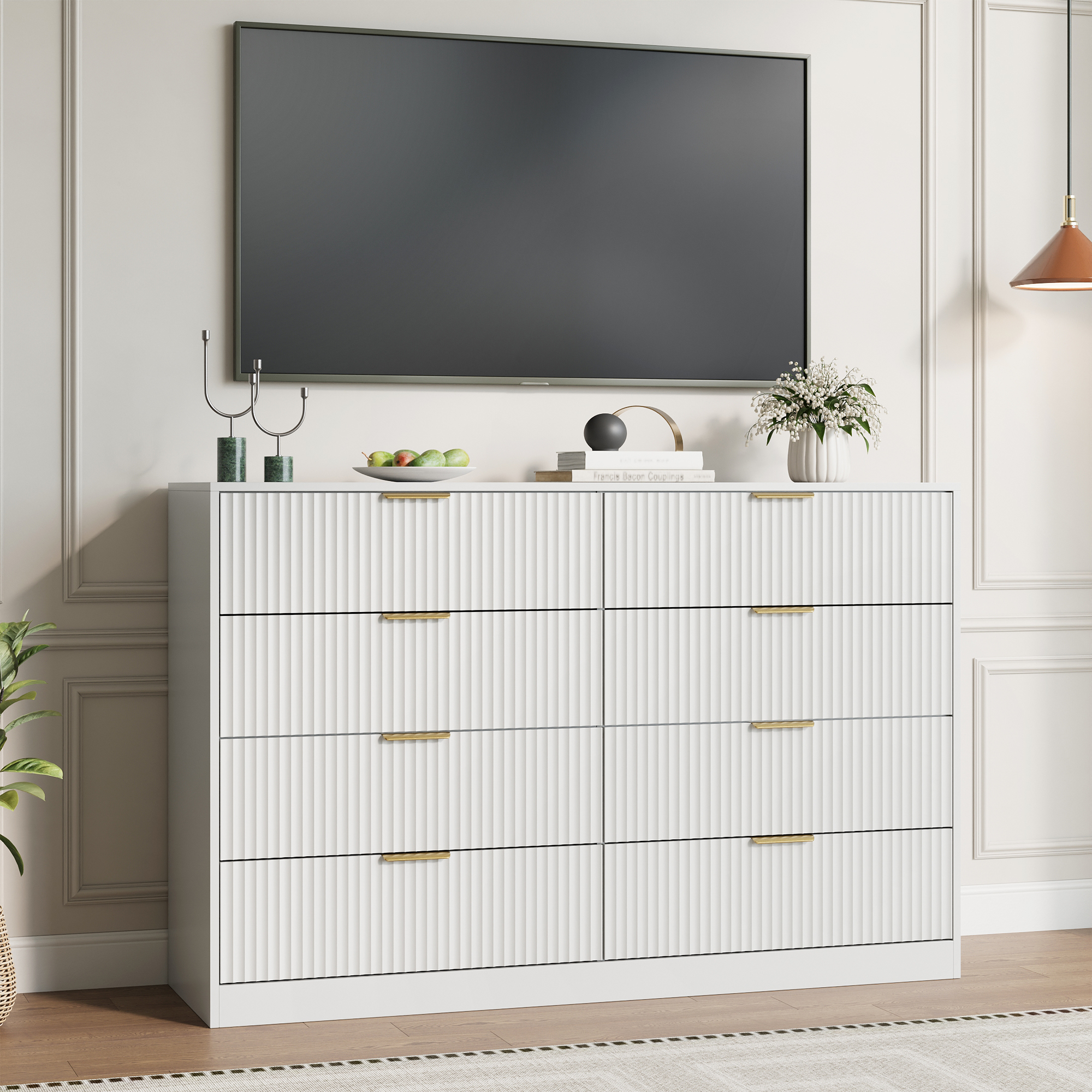 YouTrend White 8 Drawer Dresser with for Bedroom,Modern Adult Fluted Wood Chest of Drawer with Golden Embedded Handles for Living Room,Hallway