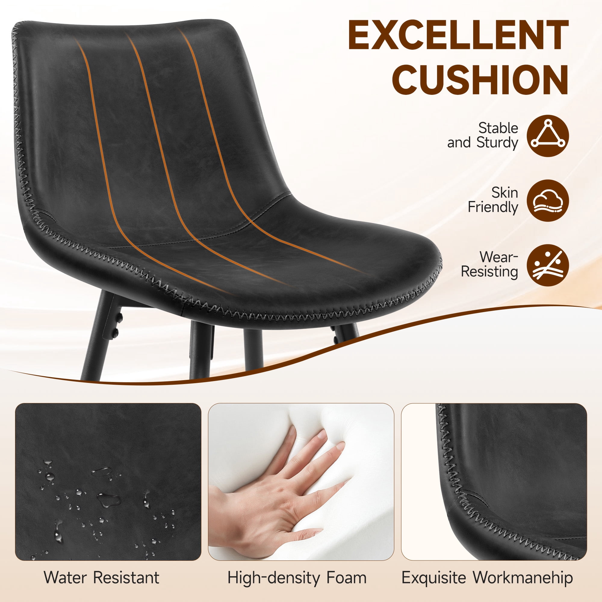 COOLHUT 24 Inch Bar Stools Set of 3, Counter Height Bar Chair with Footrest, Upholstered Faux Leather Bar Chair, Counter Stools with Sturdy Metal Legs, Black