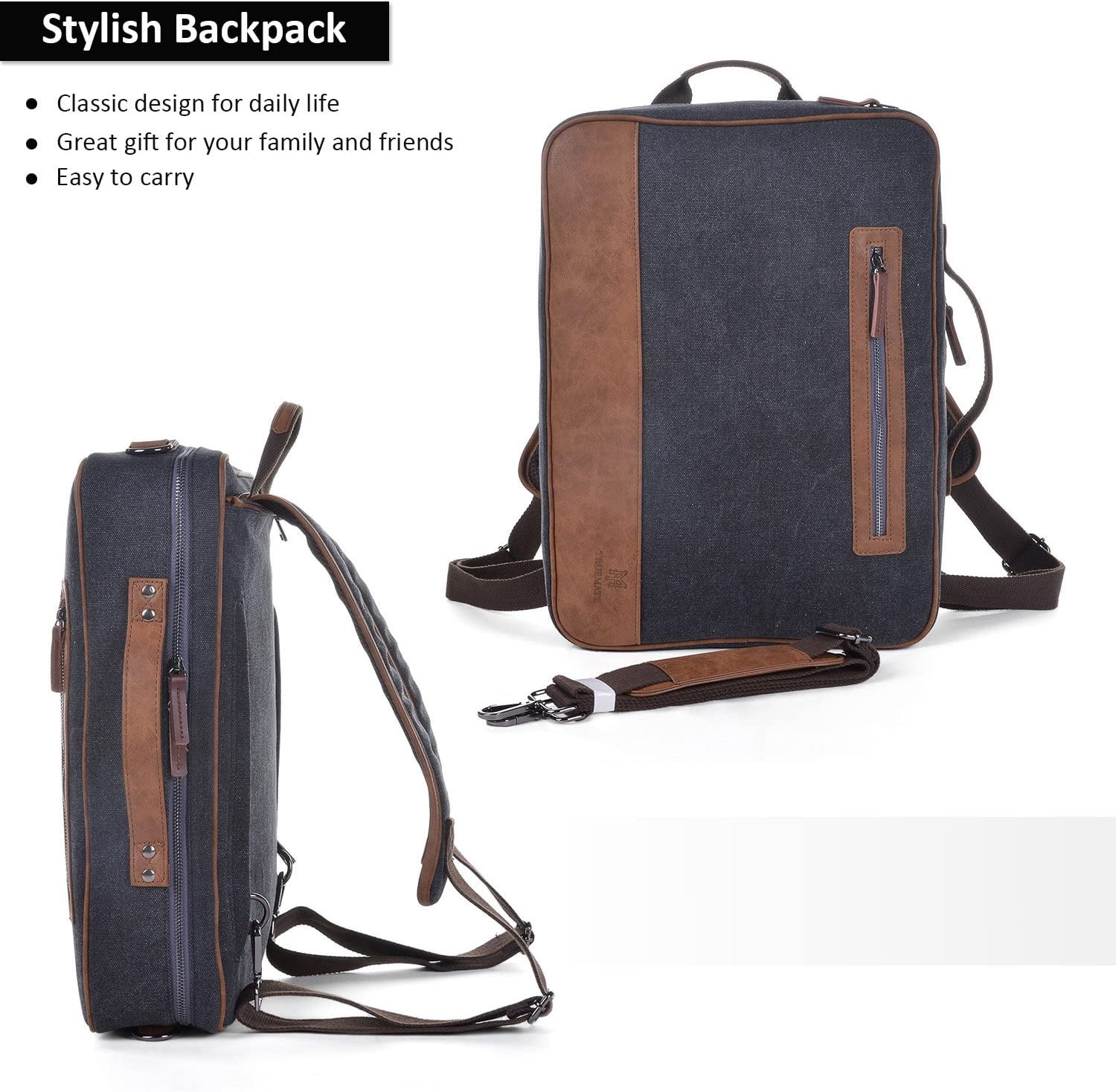 Laptop Briefcase Backpack Vintage Canvas Messenger Bag with Scratch Protection Lining Up to 15in (Black)