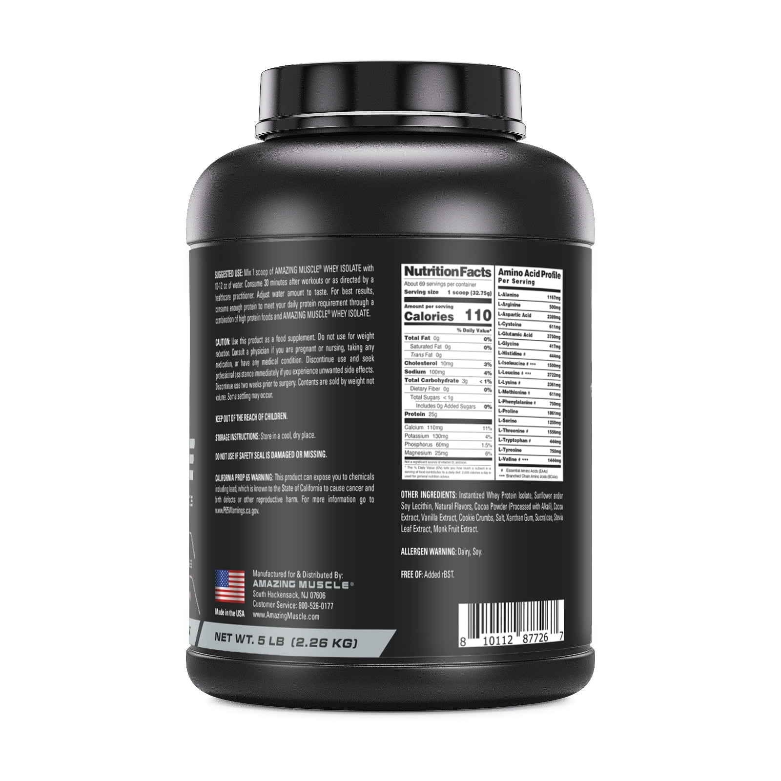 Amazing Muscle Whey Protein Isolate Powder 5Lbs Cookies & Cream Flavor | 25 Grams Protein Per Serving | 69 Servings Supplement | 100% Whey Isolate | Made in USA