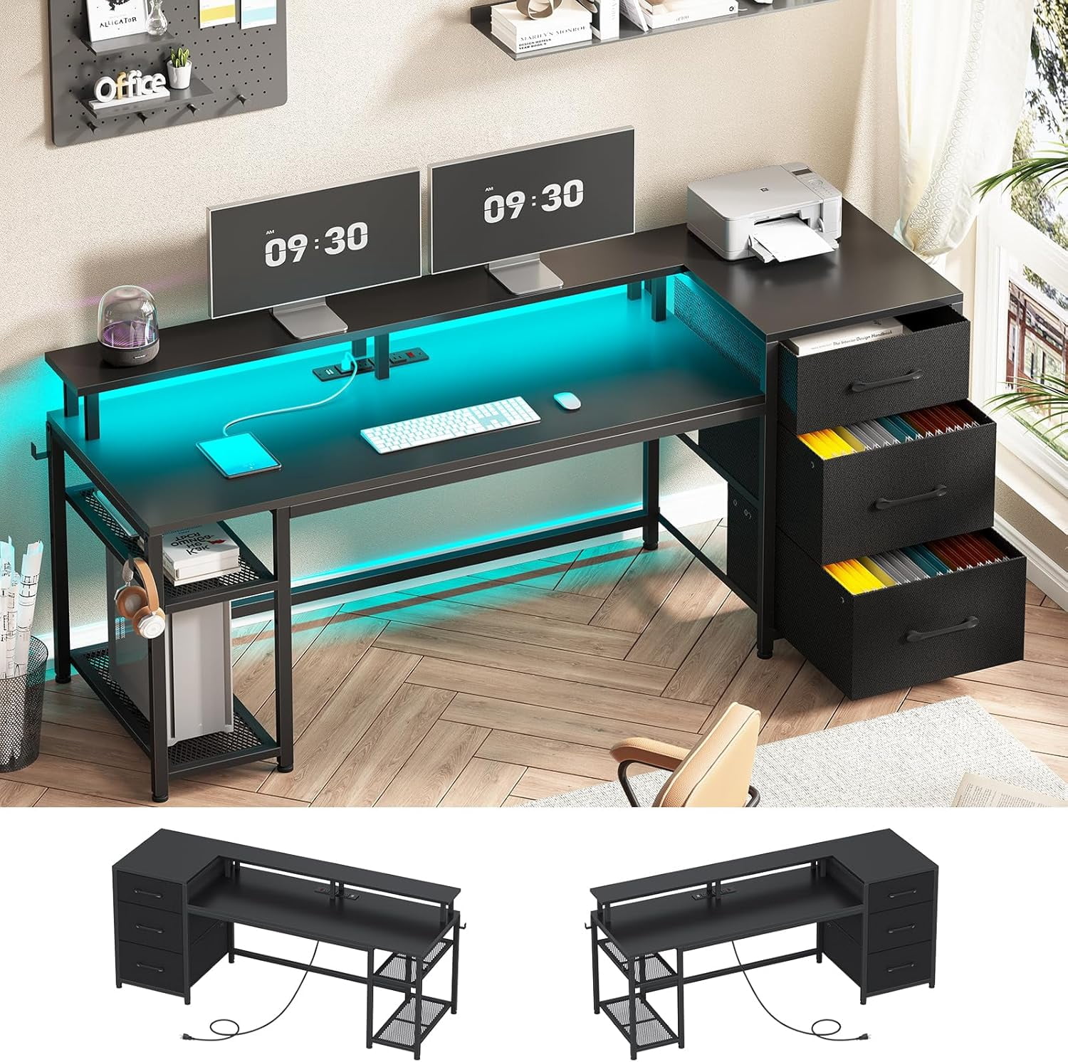 59" Office Desk with Drawers, Reversible Computer Desk with File Drawers & Storage, Gaming Desk with LED Lights & Power Outlet, Home Office Desks for Printer, Black
