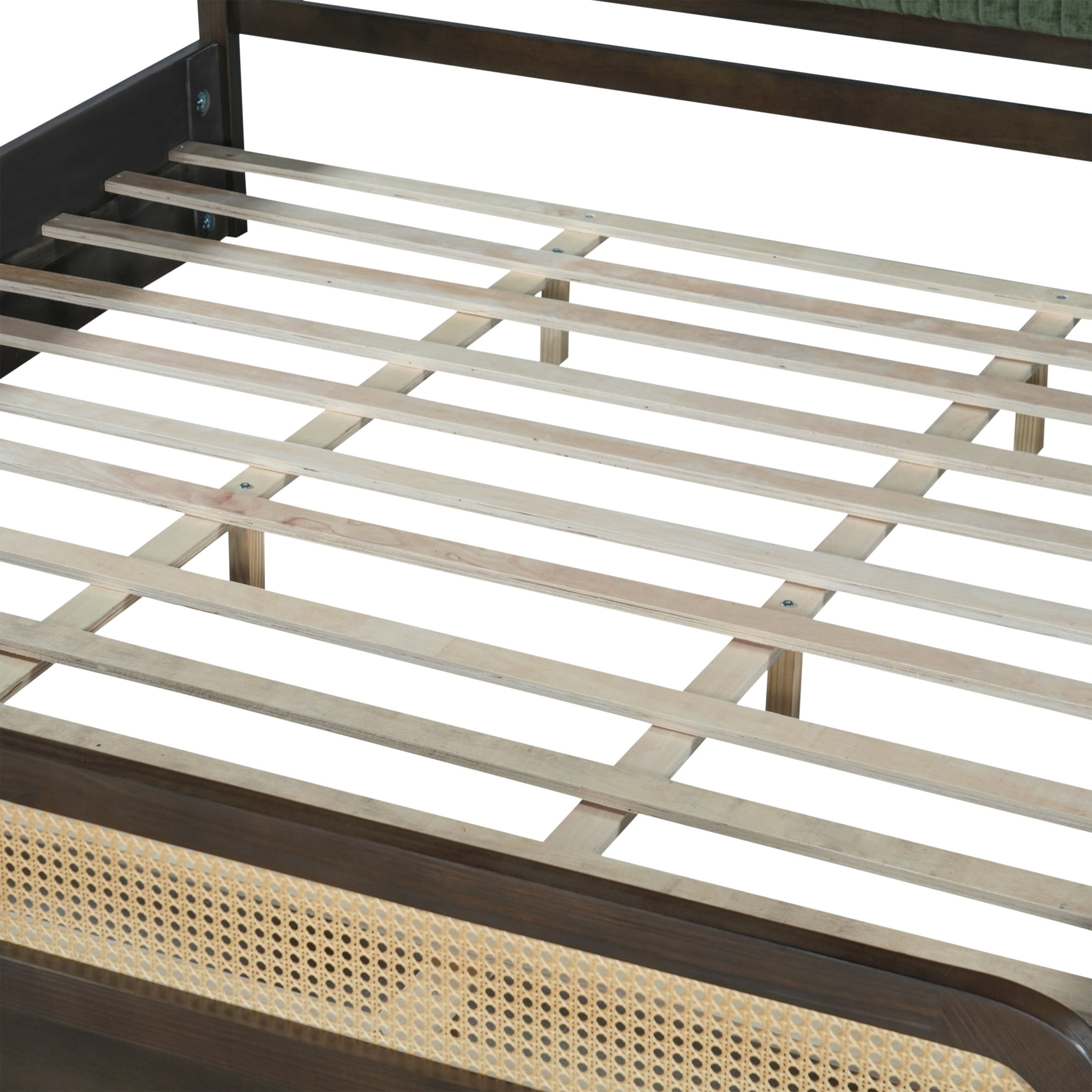 Christopher Knight Home King Wood Platform Bed with Rattan & Green Upholstered Headboard, Walnut Finish