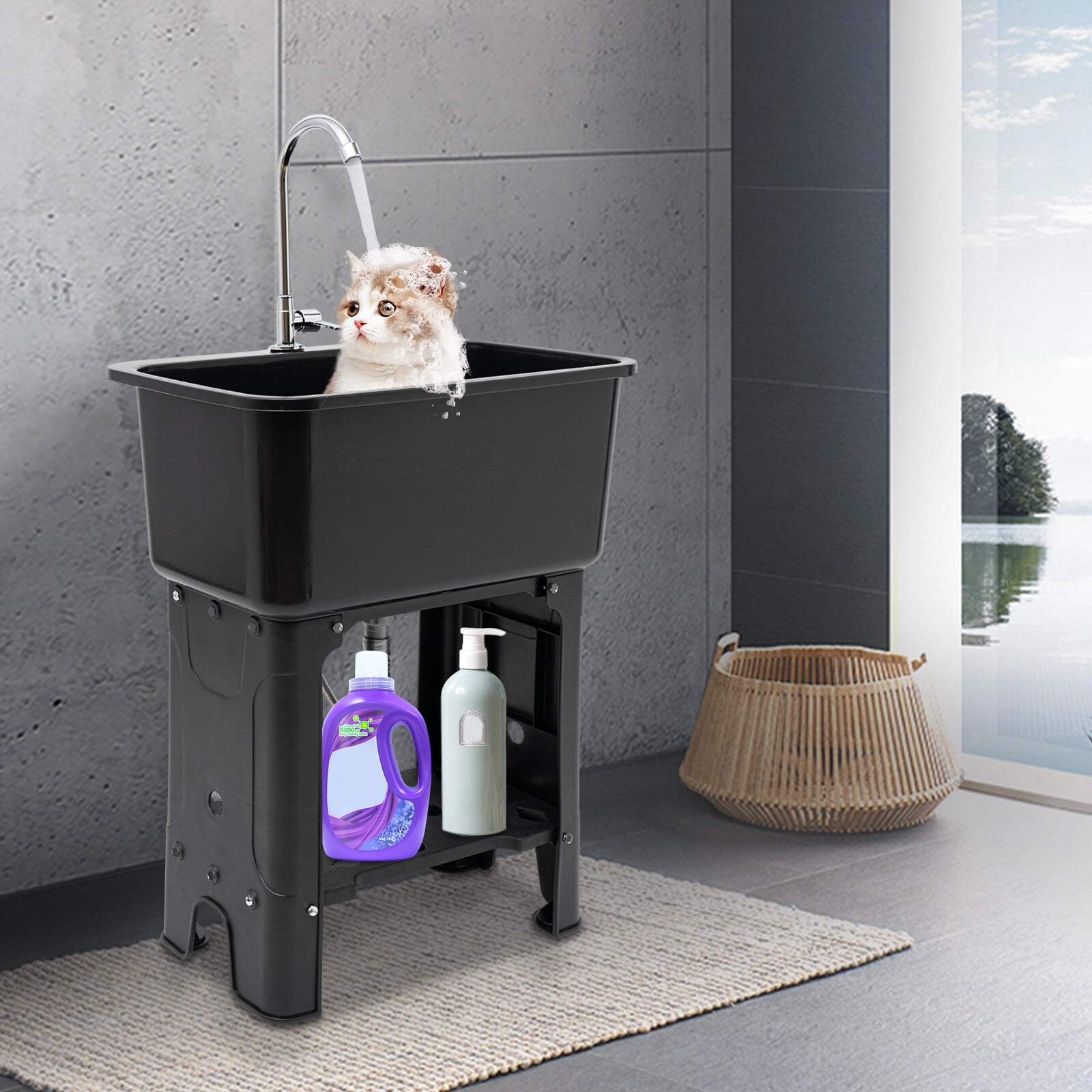 Modern Utility Sink With Faucet Freestanding Utility Sink with Storage Shelf