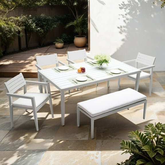 6PC Patio Aluminum Furniture, Modern Dining Set, including 4 Dining Chairs & 1 Dining Bench Sunbrella Fabric Cushioned and Two-tone Table Top Rectangle Table with Umbrella Hole, Matte White Grayish